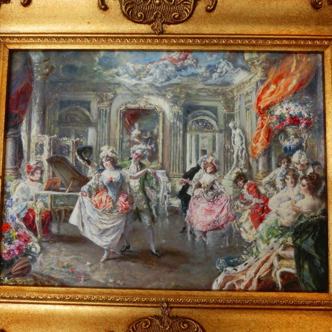 ロココ額絵　貴族の舞踏会　アンティークゴールドダブルフレーム　55cm/45cm
