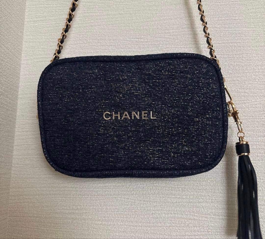 美品 シャネル ポーチ ノベルティ ネイビー×ツイードゴールド チェーン付き