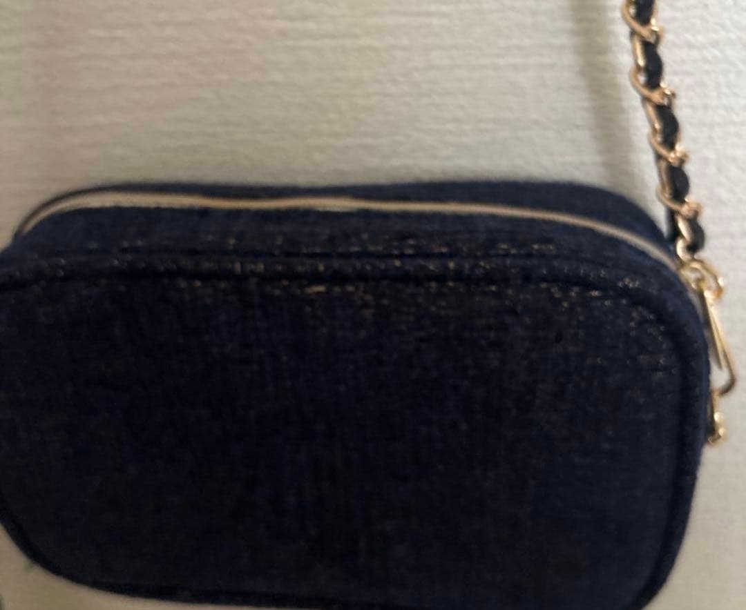 美品 シャネル ポーチ ノベルティ ネイビー×ツイードゴールド チェーン付き