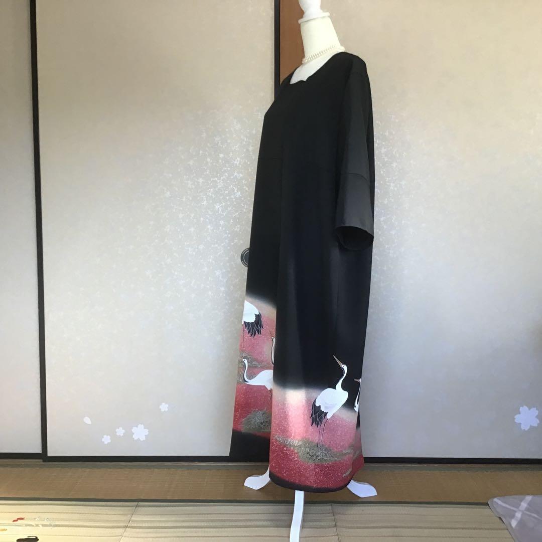 留袖リメイクワンピース❣️郡鶴　一部刺繍4L 着丈126