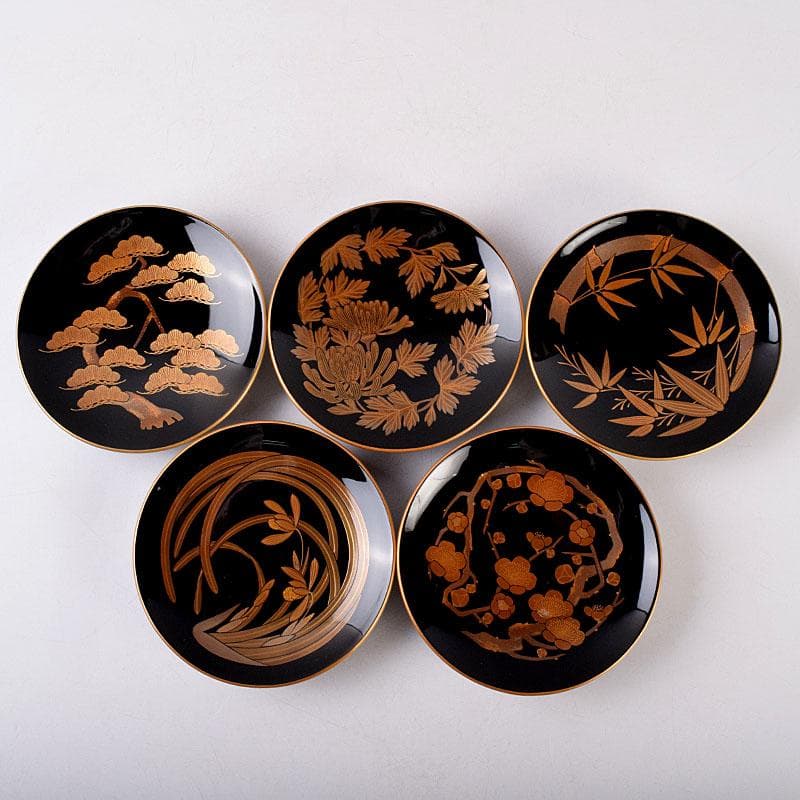 和食器　輪島塗　高崎秋峰作　高台寺蒔絵　五聖絵替　銘々皿　五客　共箱　C8533