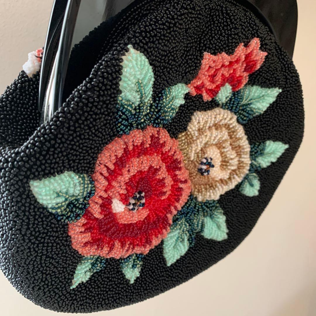 花柄　総ビーズ　ハンドバッグ　ビーズバッグ　和装　パーティ　昭和レトロ