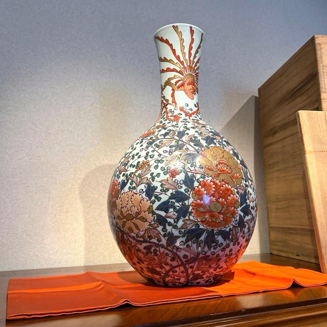 ご売約・館林源右衛門作　超大型　色絵金彩　牡丹唐草鳳凰文瓶　共箱　外商