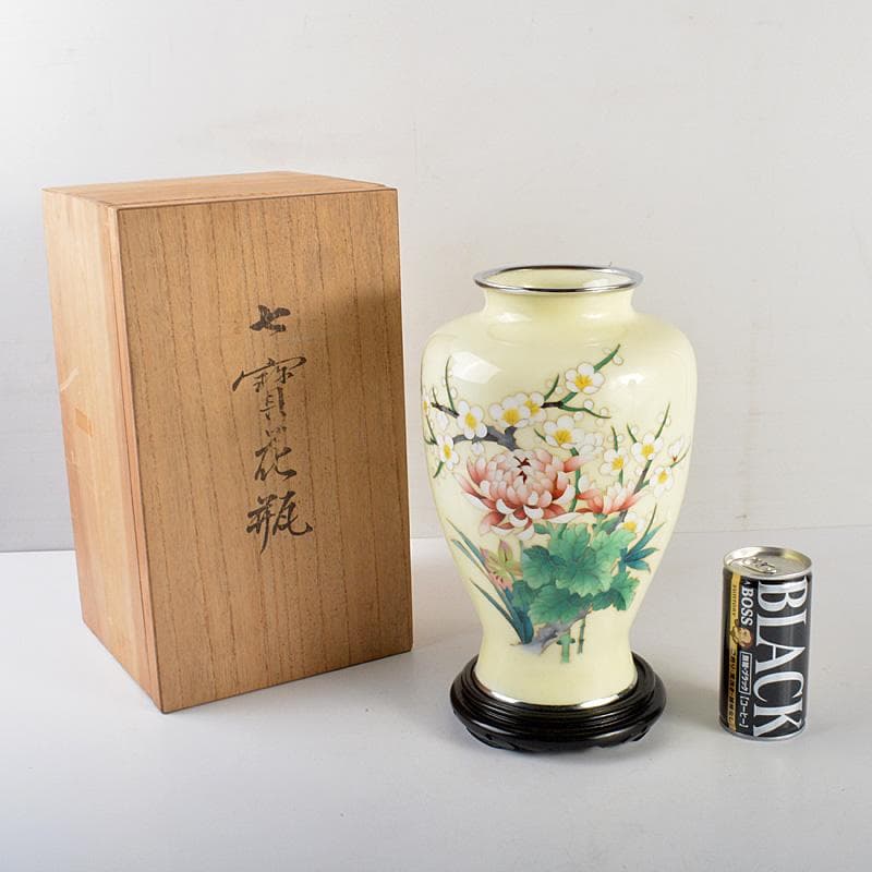 七宝焼　花文　花瓶　唐木台　桐箱付　M　R5684