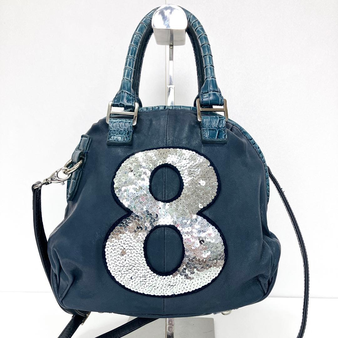 【美品】ムータ 2way ハンド ショルダーバッグ スパンコール 本革 ネイビー