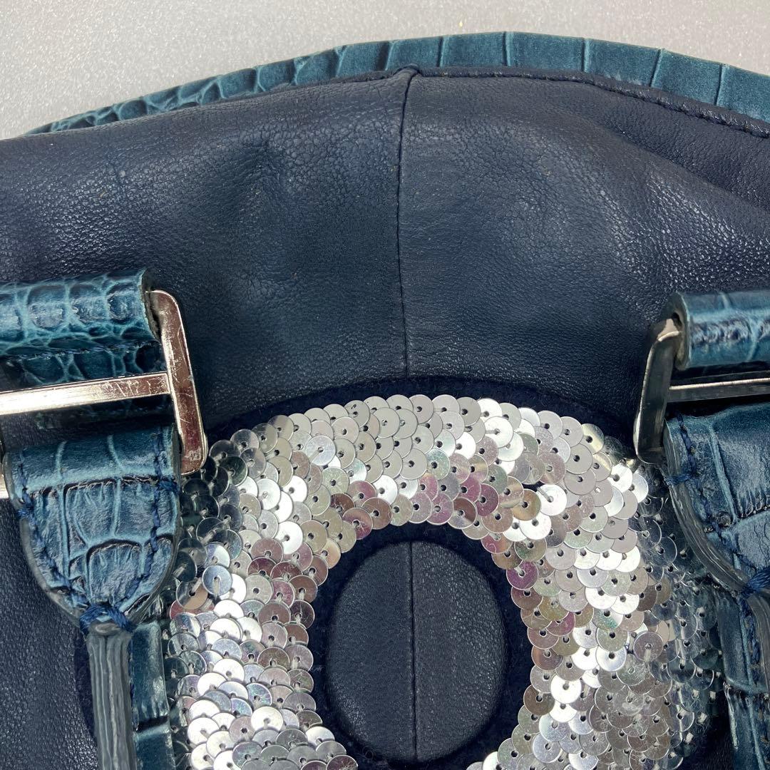 【美品】ムータ 2way ハンド ショルダーバッグ スパンコール 本革 ネイビー