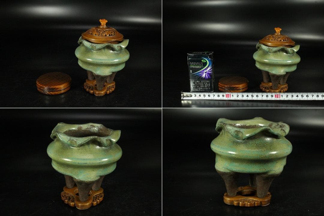 古上野 三足 香炉 黄楊木彫刻火屋 台 香合付(K-A812)