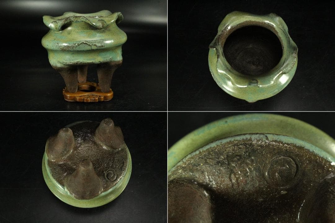 古上野 三足 香炉 黄楊木彫刻火屋 台 香合付(K-A812)