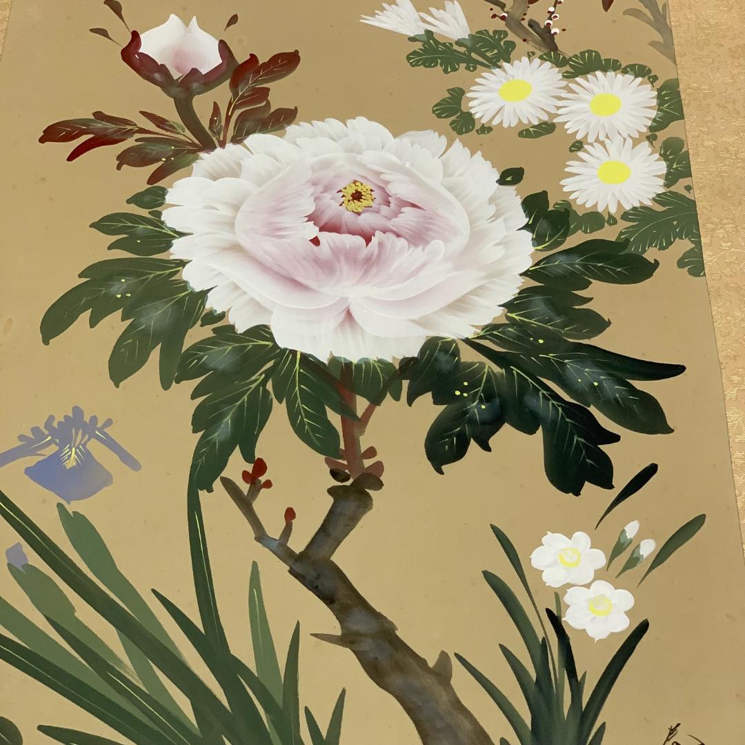 掛軸　春峰　梅　牡丹　鶯　落款印あり　花鳥図　茶道具　古道具　時代物