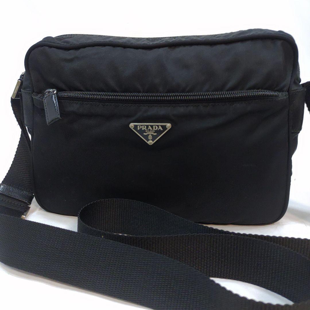 プラダ カメラバッグ ショルダーバッグ レザー×ナイロン 黒 三角ロゴ