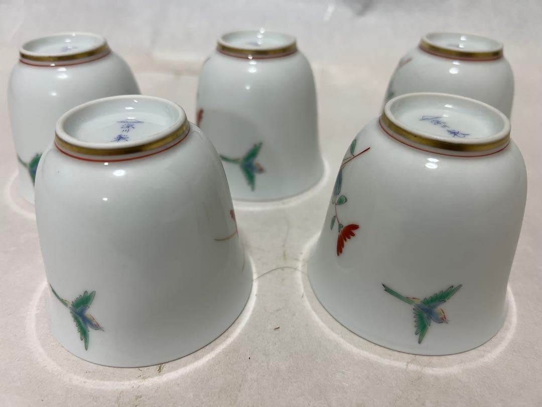 ぐい呑 菊文宮内庁用深川製菊小鳥　湯呑みセット径 7㎝×高 時代物5点木箱あり