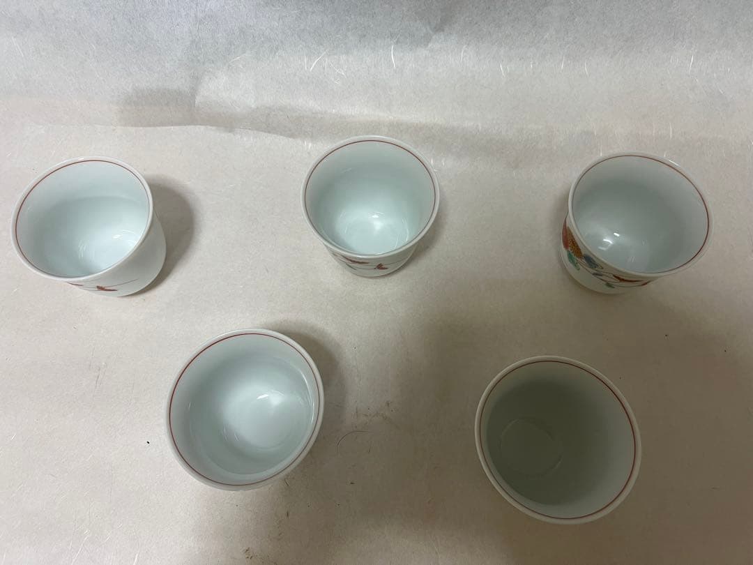 ぐい呑 菊文宮内庁用深川製菊小鳥　湯呑みセット径 7㎝×高 時代物5点木箱あり