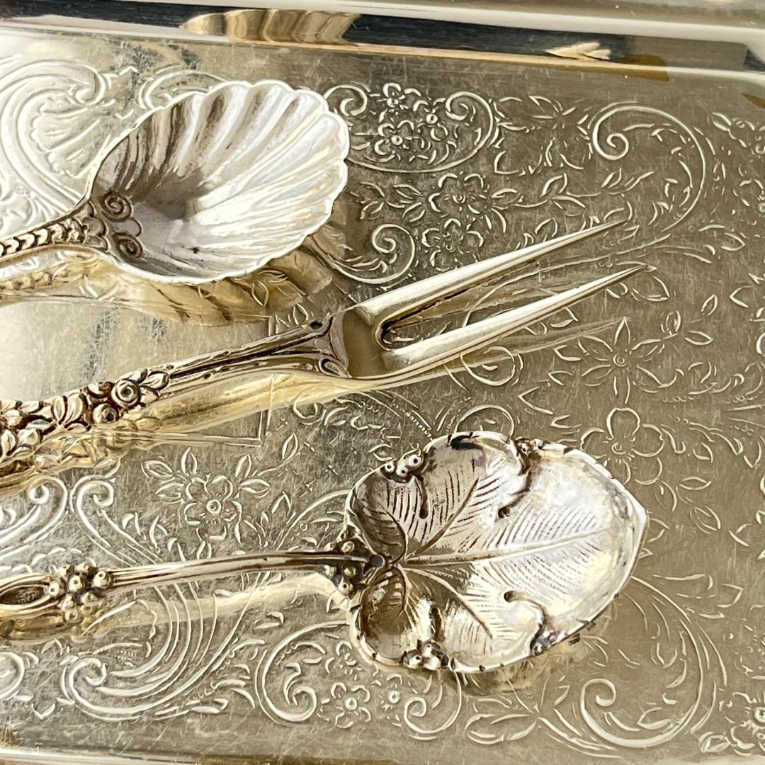 【ドイツ】シュガースプーン 2本 / オードブルピック【純銀】薔薇の蕾　葡萄