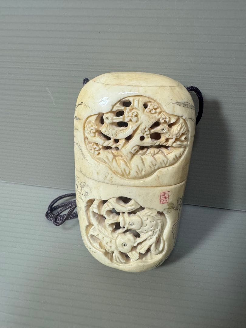 2122 骨董　根付布袋様七福神　根付彫刻煙草入れ　時代物