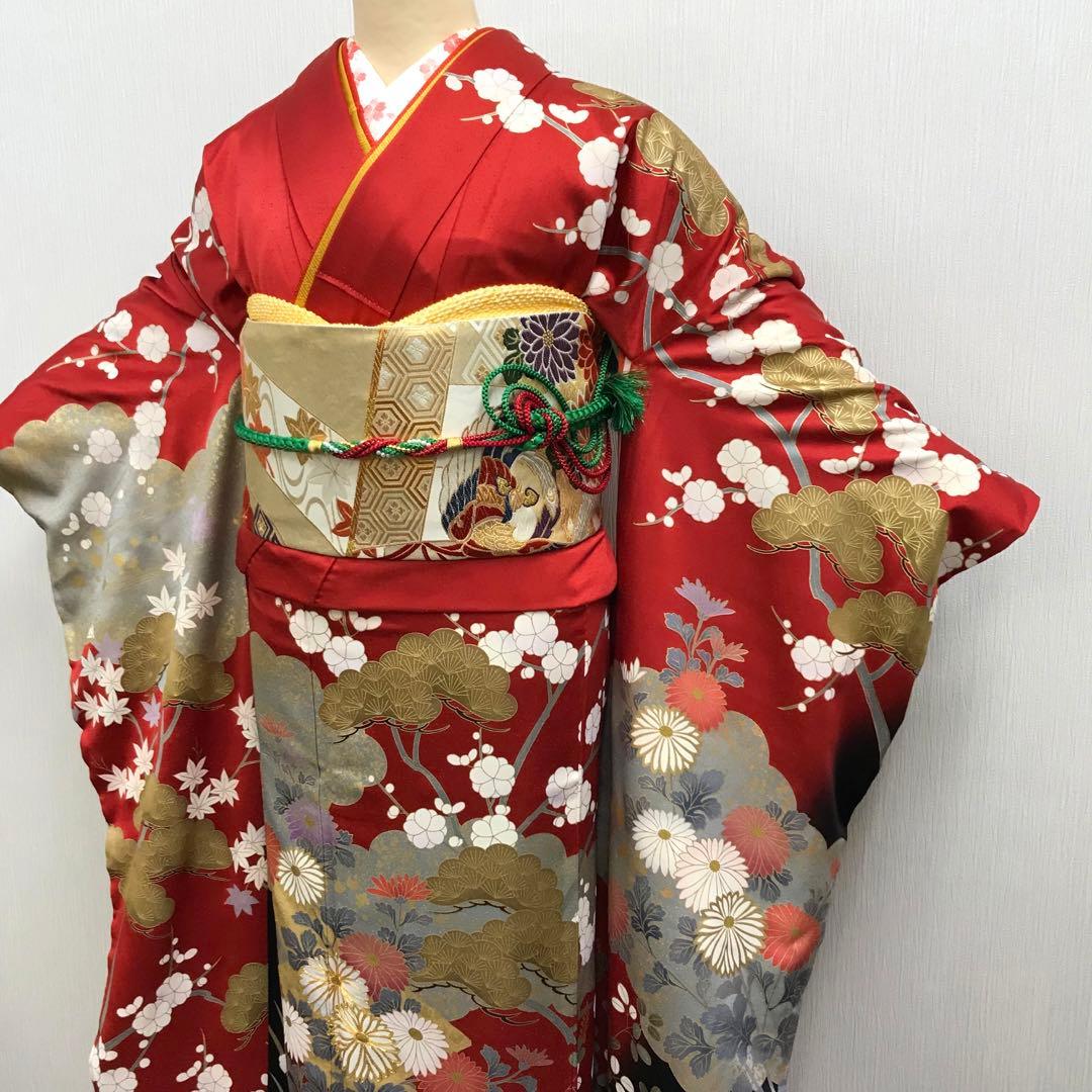 梅乃【135】正絹　振袖　フルセット　赤　大人　成人式　セット