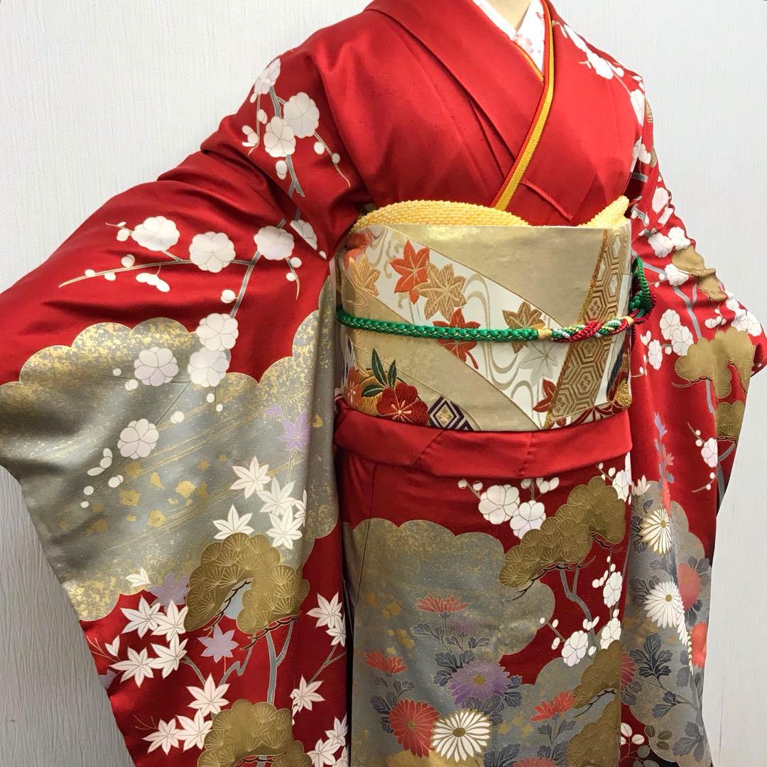 梅乃【135】正絹　振袖　フルセット　赤　大人　成人式　セット