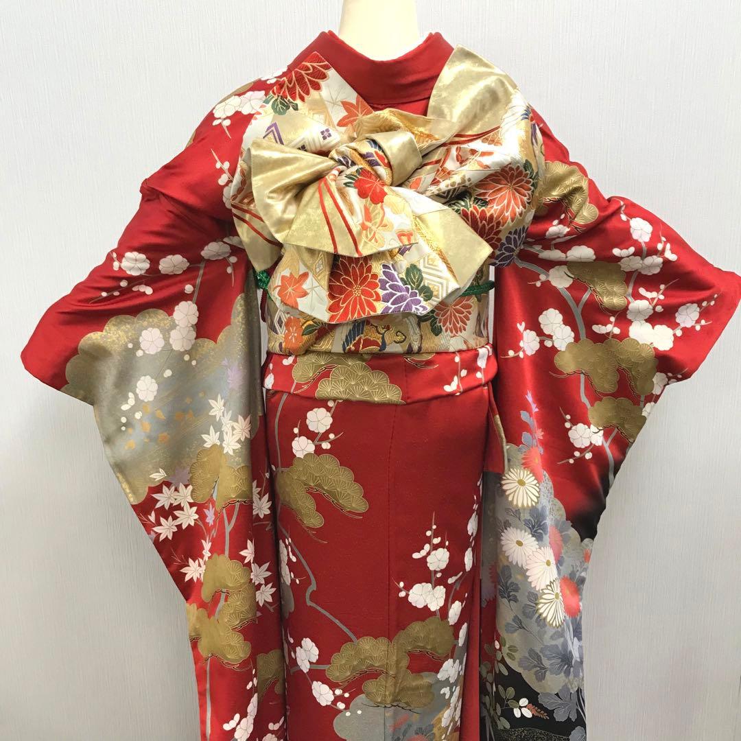 梅乃【135】正絹　振袖　フルセット　赤　大人　成人式　セット