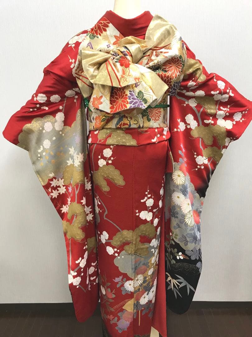 梅乃【135】正絹　振袖　フルセット　赤　大人　成人式　セット
