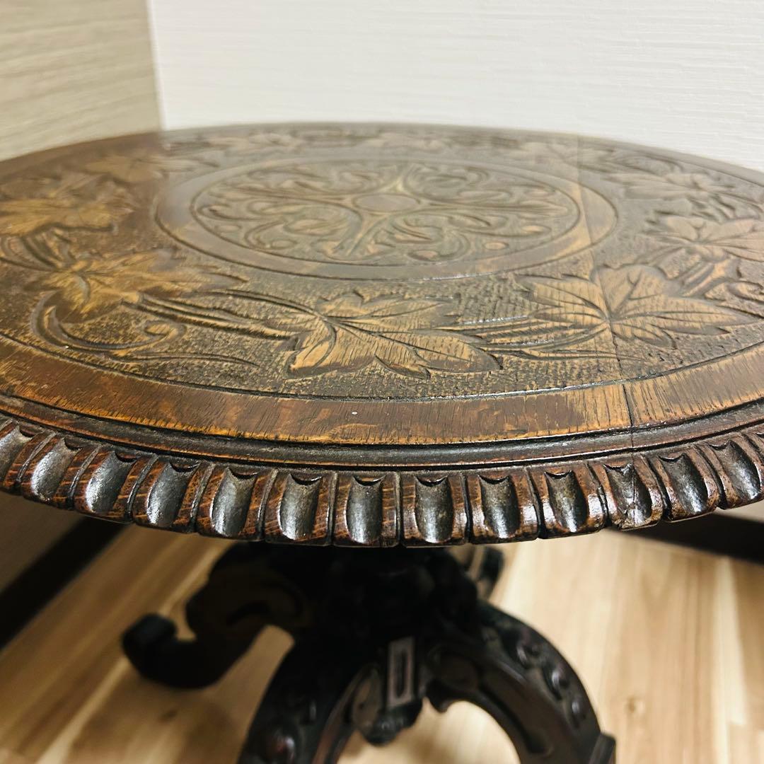 ヴィンテージ アンティーク 手彫り テーブル 猫足テーブル 高級 家具 葉脈