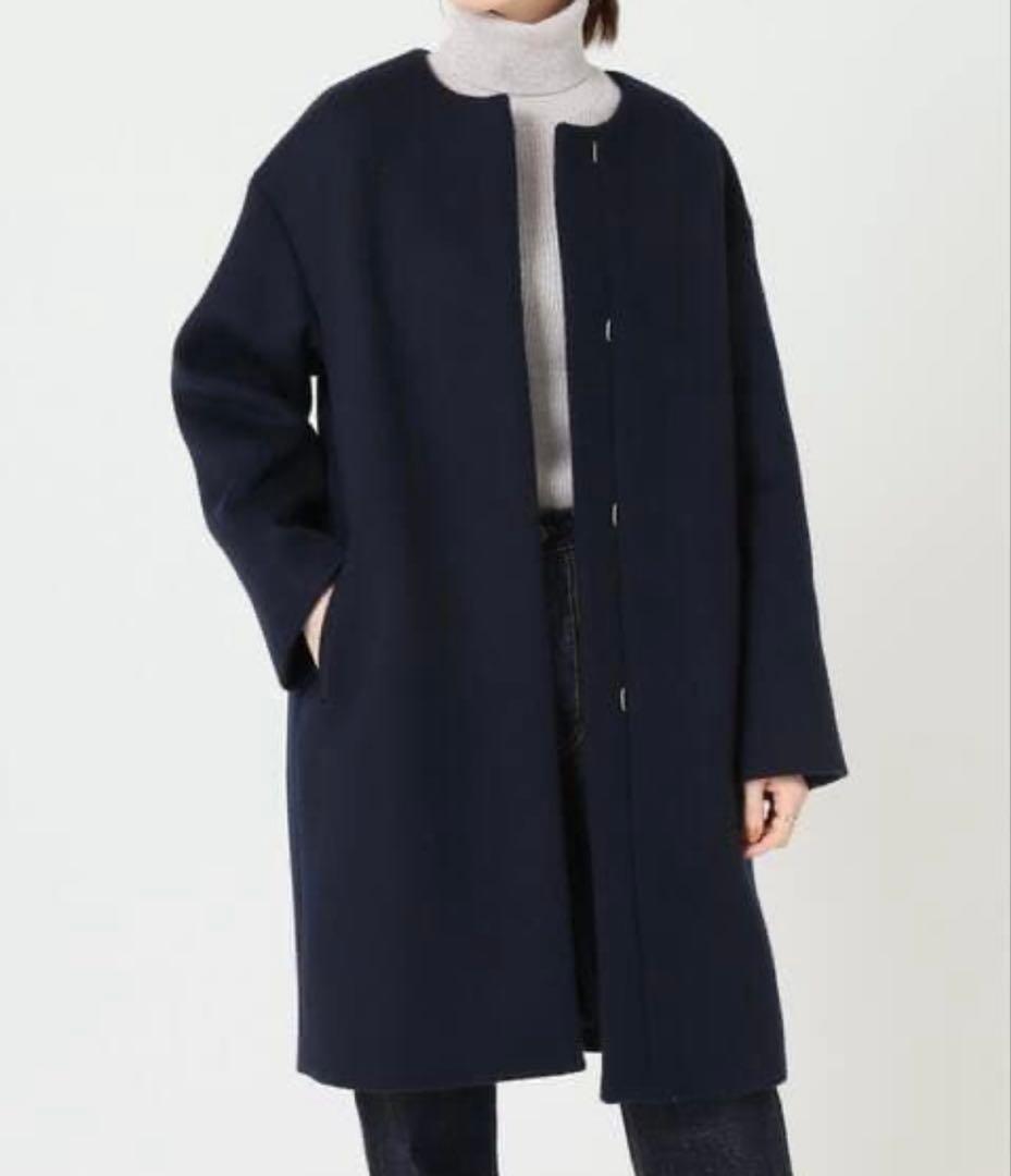 イエナ　PECOLAMBノーカラーコート　ネイビー　38
