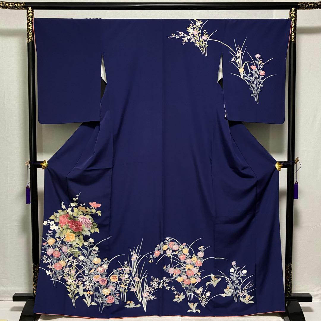 D76 訪問着 手描き花模様 丹後ちりめん 正絹 着物 袷 極美品