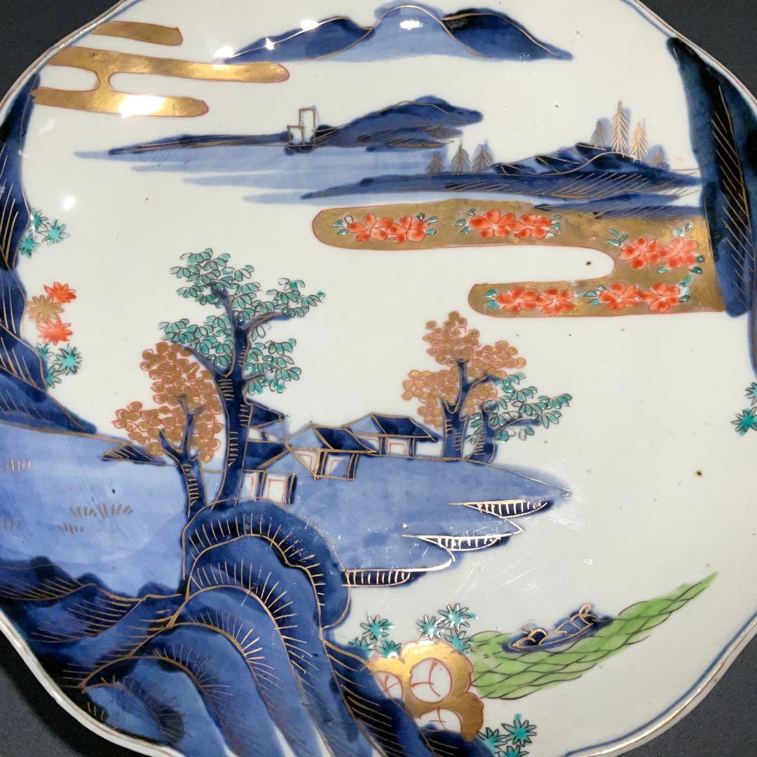 伊万里金襴手山水図八寸皿　Φ24㎝　骨董　古伊万里　江戸幕末　R0918w1ダS