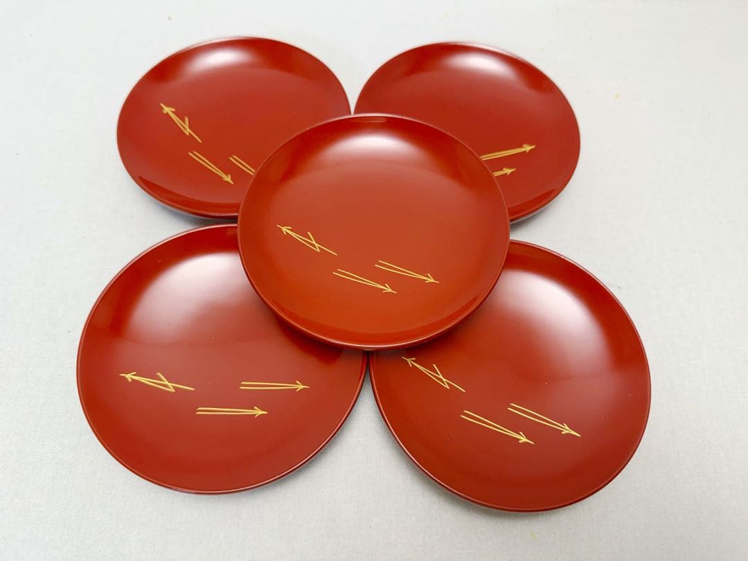 未使用 塗師 静峰作 懐石道具 輪島塗 木製盃台 引盃松葉蒔絵5客 共布 共箱