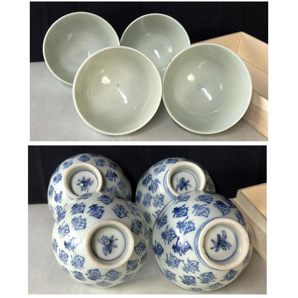 e2089 中国古陶磁 染付 煎茶碗 4客 木箱入り 寿紋 唐物 茶道具