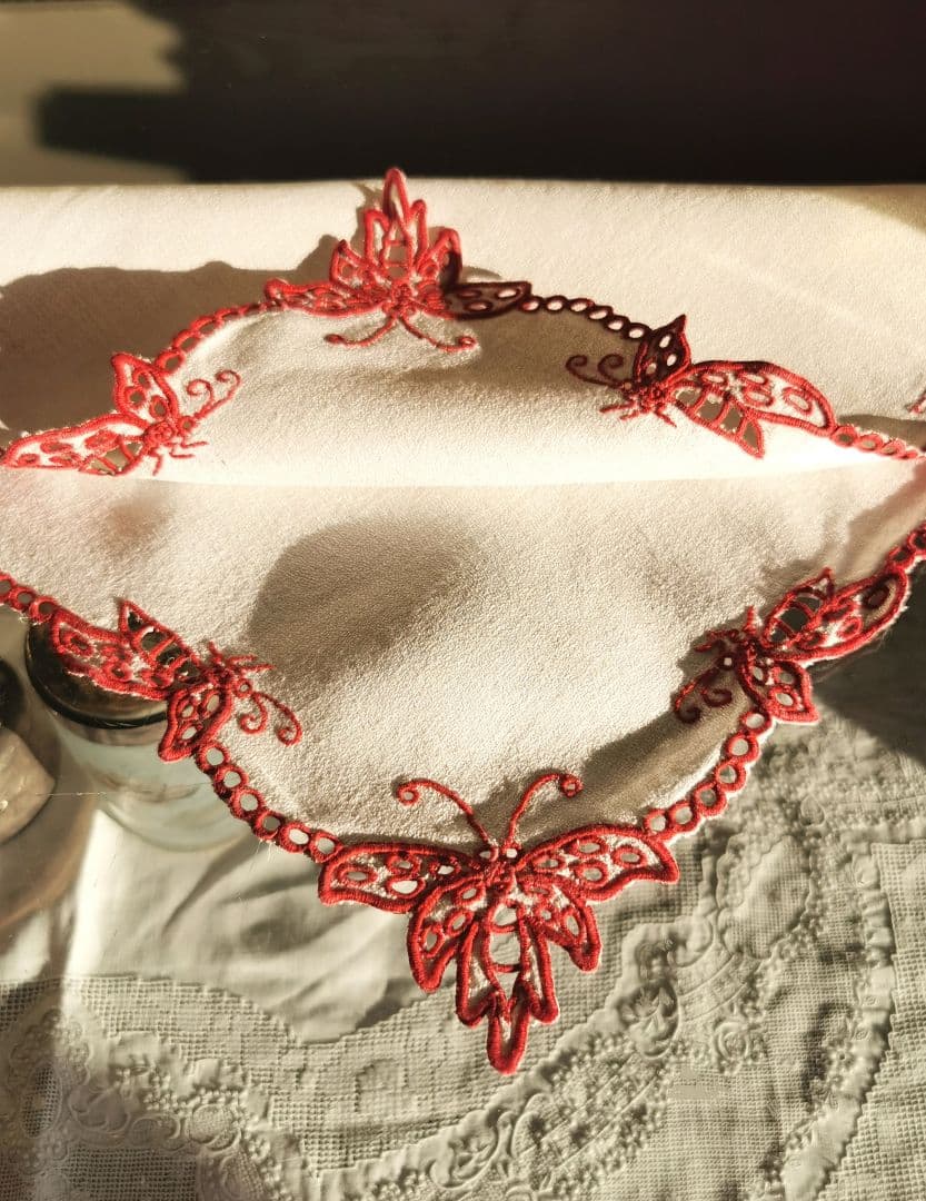 アンティークフランス オープンカットワーク バタフライ∞赤糸刺繍 縮緬風ドイリー