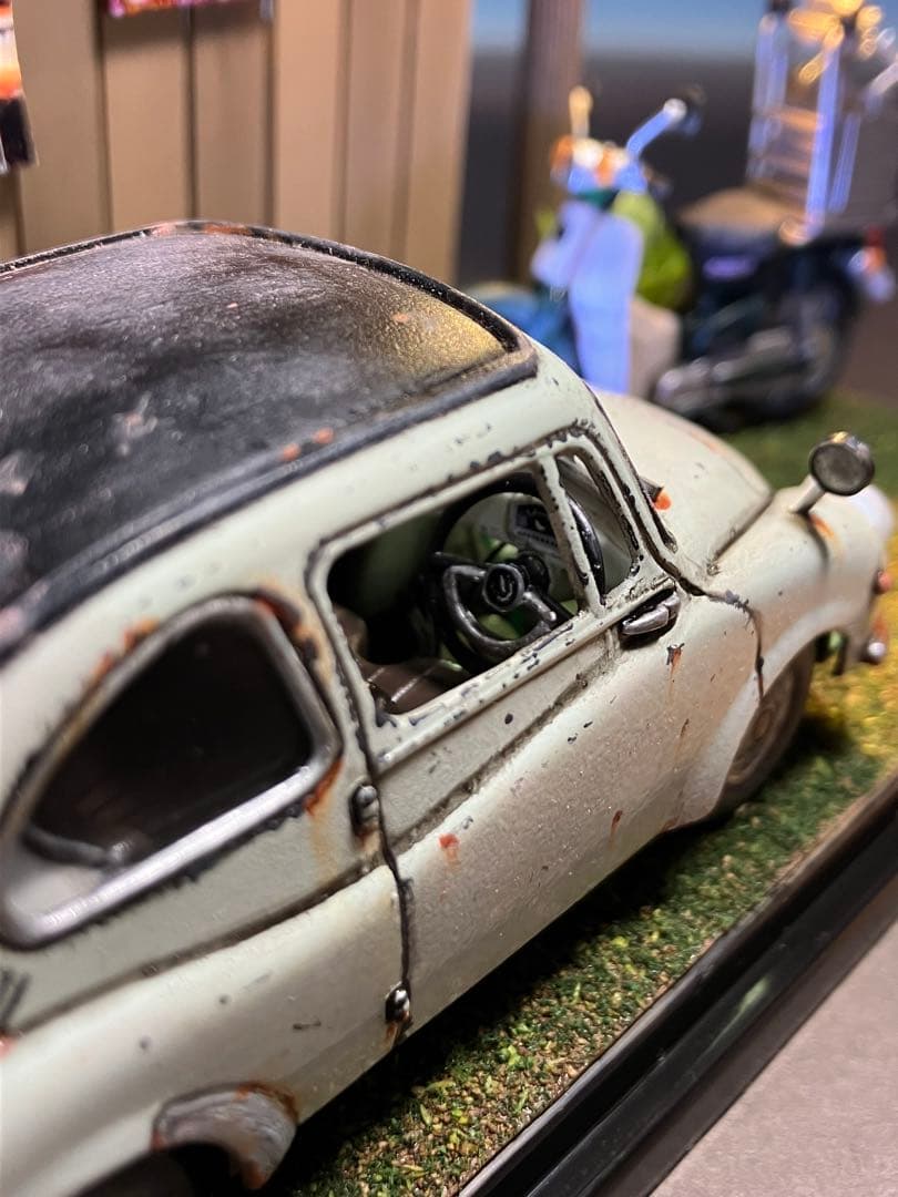 1/32 自作ジオラマ完成品 スバル360&カブ 昭和レトロな風景 LED照明