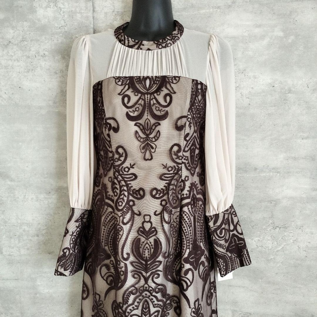新品ANDRESDパーティードレス S ダークブラウンレースダマスクギャザー刺繍