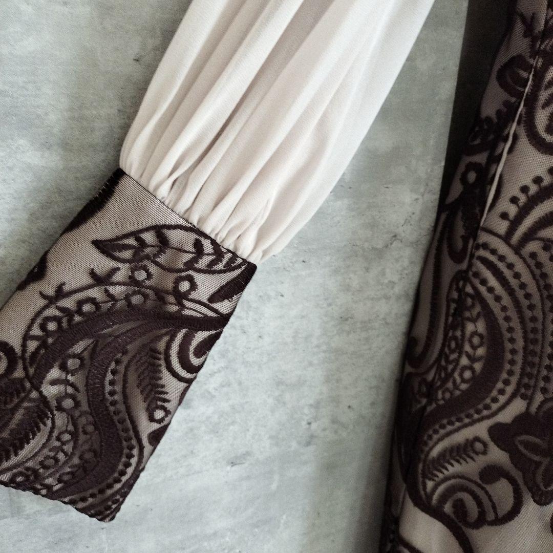 新品ANDRESDパーティードレス S ダークブラウンレースダマスクギャザー刺繍