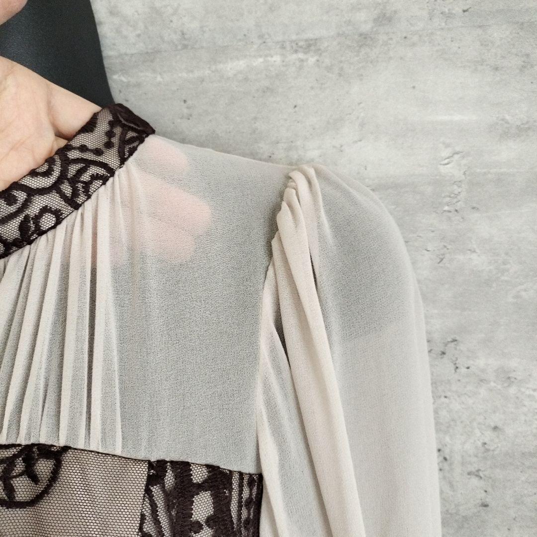 新品ANDRESDパーティードレス S ダークブラウンレースダマスクギャザー刺繍