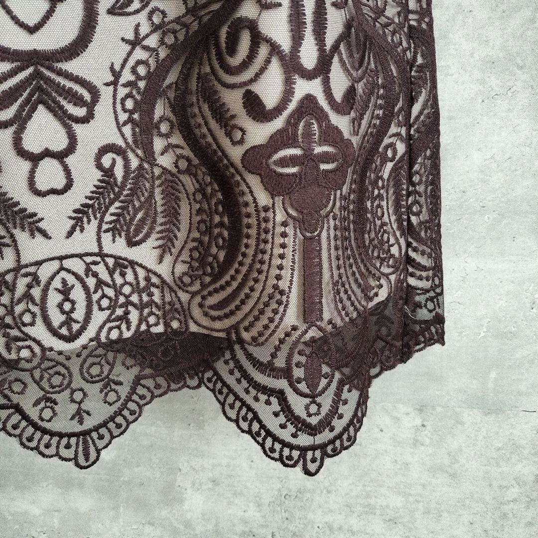 新品ANDRESDパーティードレス S ダークブラウンレースダマスクギャザー刺繍