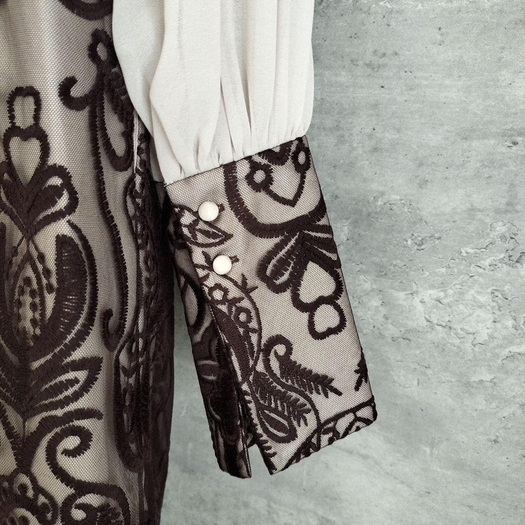 新品ANDRESDパーティードレス S ダークブラウンレースダマスクギャザー刺繍