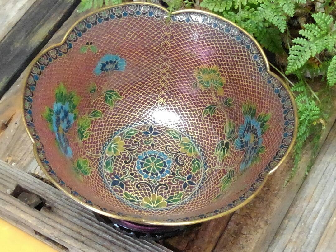 ♥中国製　硝子　金彩　花柄　鉢　φ１８０ｍｍ　置物　飾り　骨董　古玩