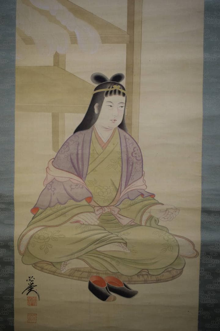 真作/必堂/呉羽/綾羽/双神之図/双幅/布袋屋掛軸HE-652