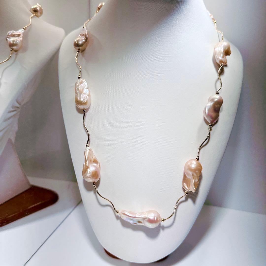 特価値段オイスターパールゴールドイエローミラーパイプネックレスNO24-744