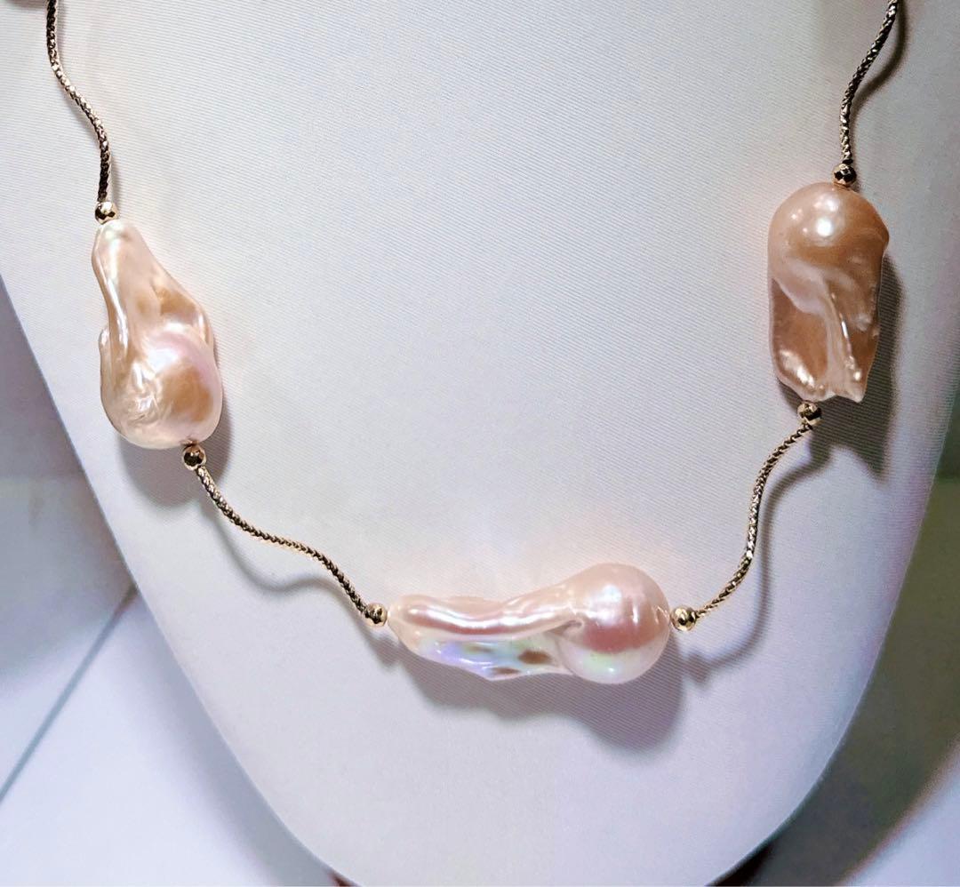 特価値段オイスターパールゴールドイエローミラーパイプネックレスNO24-744