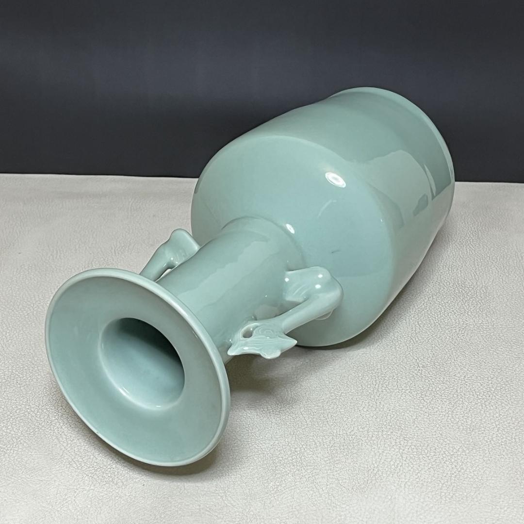 宮永東山 青磁 鳳凰耳 花入 共箱 耳付花入 茶道具 【k3437】