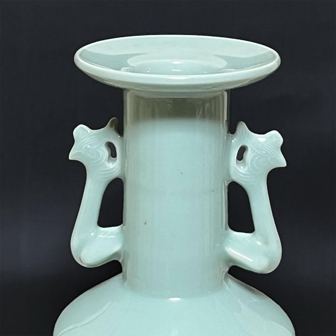 宮永東山 青磁 鳳凰耳 花入 共箱 耳付花入 茶道具 【k3437】