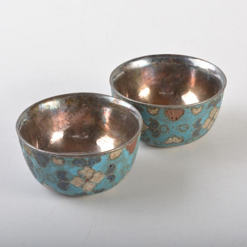 中国　唐物　古七宝内銀張　花草文　盃　一對　M　6628