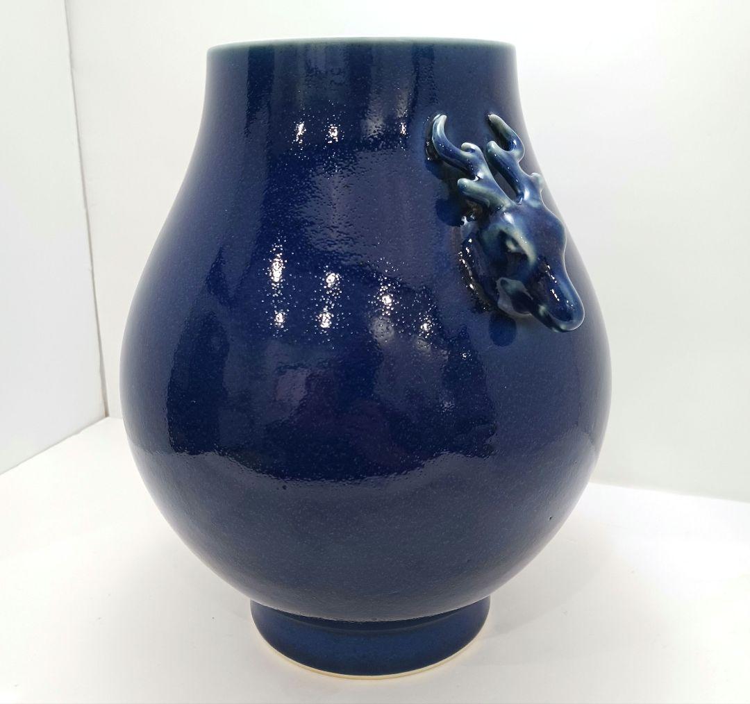 Y1921 中国唐物 青釉鈞窯鹿耳花瓶 壷 大清慶照年製 高さ24㎝　ten