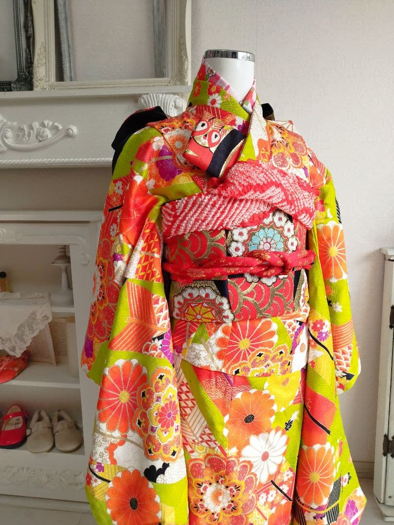 アンティーク黄緑の着物と帯セット