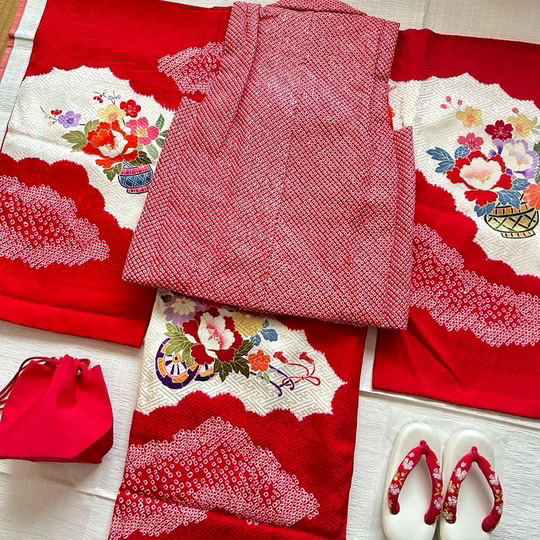 七五三 3歳 フルセット 総絞り 被布 着物 正絹 三歳 草履 巾着 753