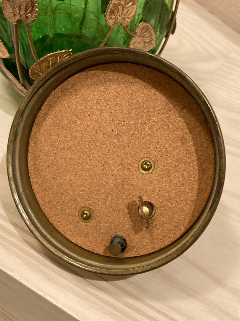 希少　ガラスオルゴール　真鍮キャンディ緑ゴールド　ガラスポット　ビンテージ寺田製