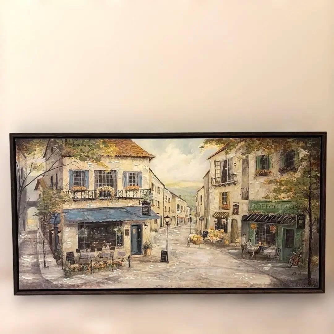 【アメリカで購入】風景画 カフェと街並み 横長95.25cm×49.53cm