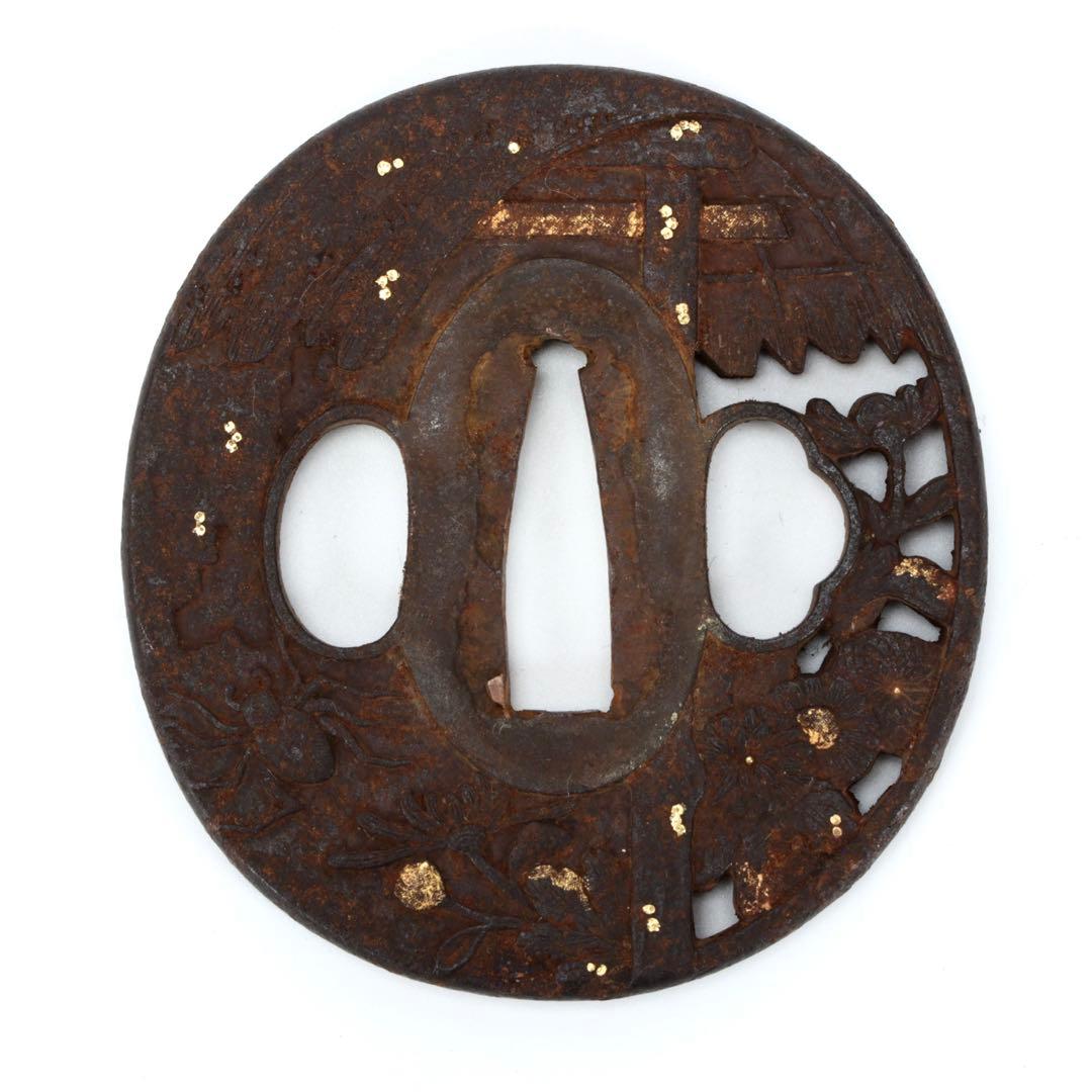 【時代物】日本刀 拵え一式 五種 鮫皮巻 黒呂塗 蜘蛛椿花図 刀装具 武士具