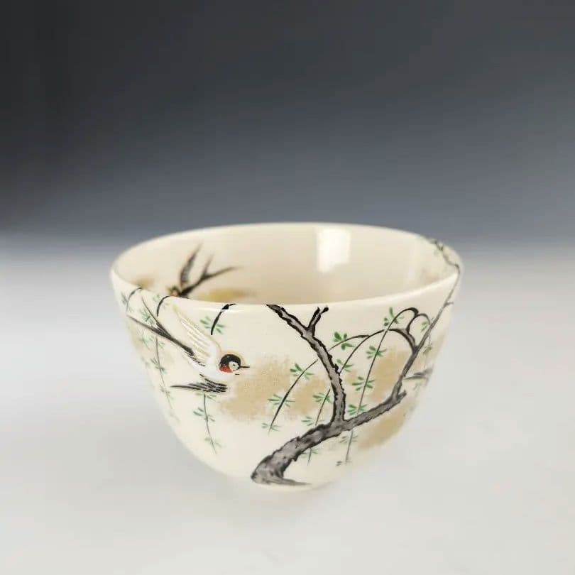 茶碗　抹茶茶碗　阿山作　つばめ　柳　仁清写　柳に燕　京焼　華やか