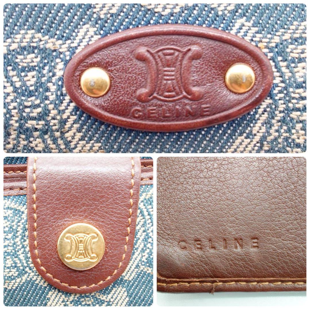 【美品】 セリーヌ 折り財布 トリオンフ マカダム柄 デニム レザー インディゴ